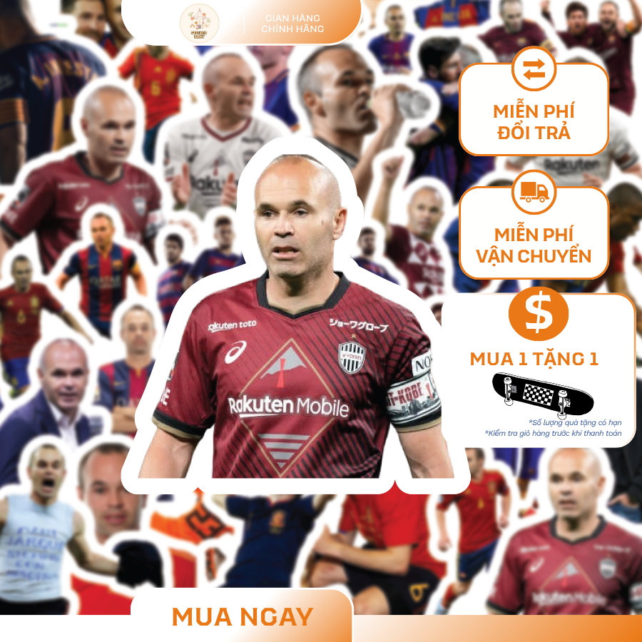 Set 36+ Hình Dán Sticker BigSize Bóng Đá CẦU THỦ INESTA Trang Trí Mũ, Điện Thoại, Laptop (50mm - 60m