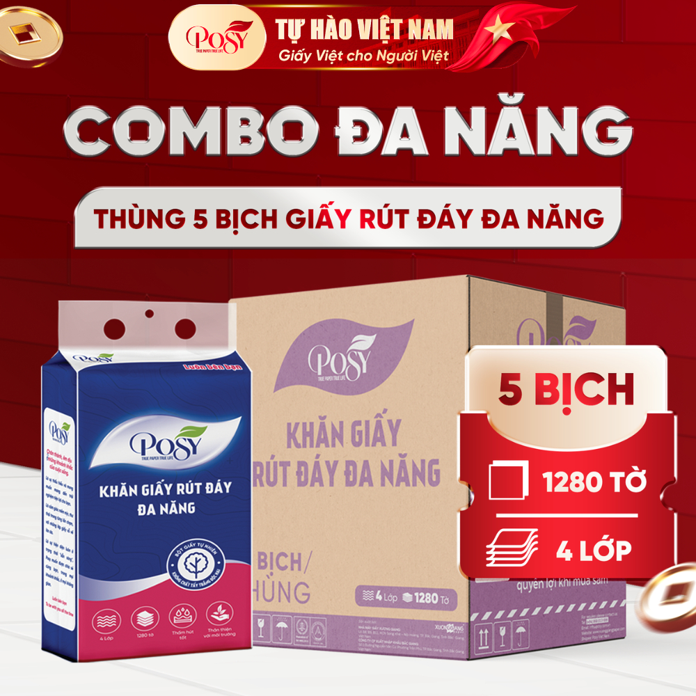 POSY - COMBO ĐA NĂNG THÙNG 5 BỊCH GIẤY RÚT POSY ĐA NĂNG 1280 TỜ 4 LỚP SIÊU TIẾT KIỆM TẶNG KÈM MÓC