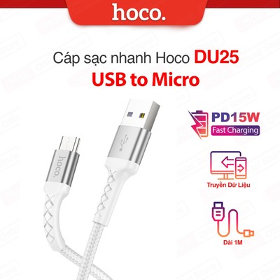Cáp sạc nhanh PD15W USB to Micro Hoco DU25 dây dù chống gãy gập truyền dữ liệu nhanh chóng dài 1M cho Android