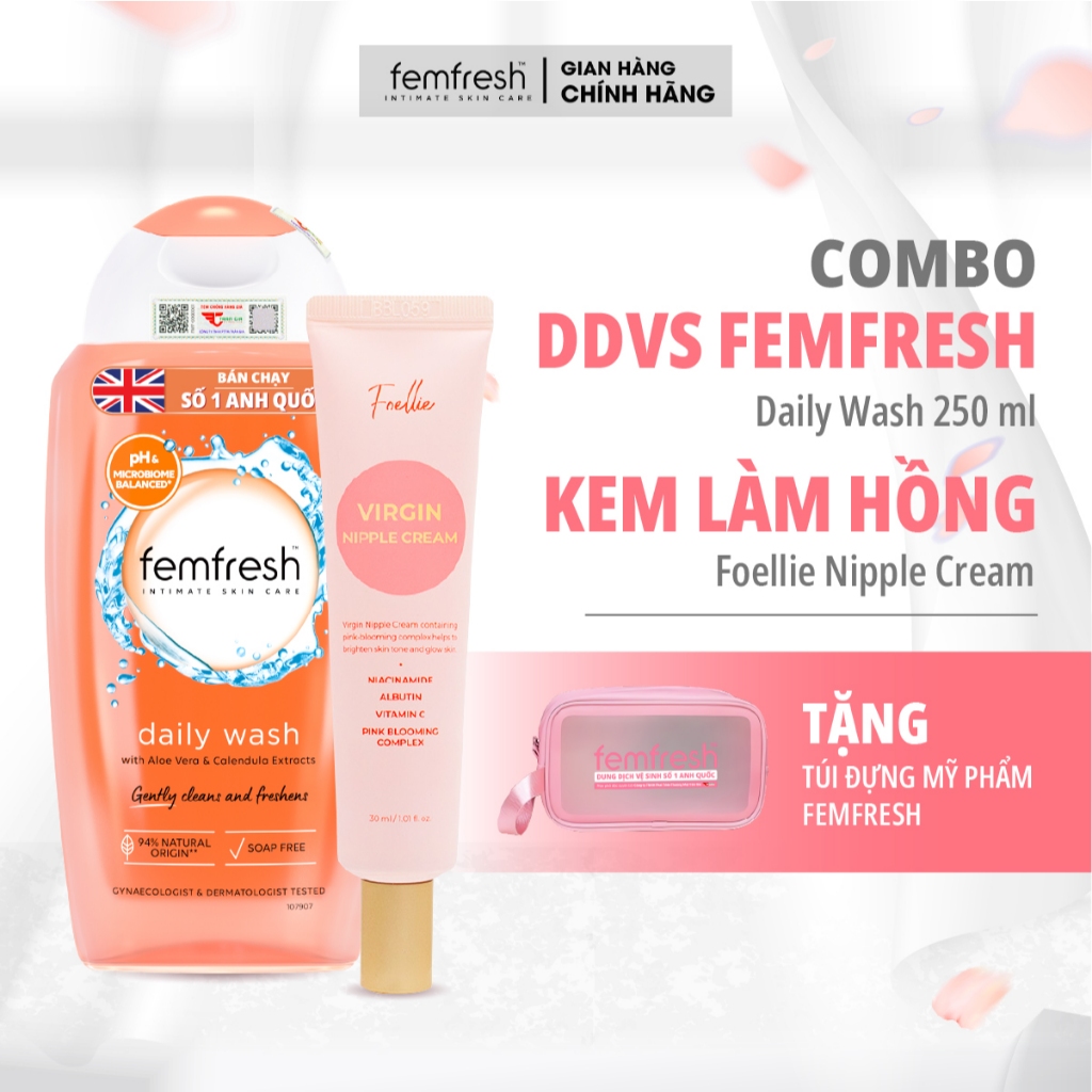 [COMBO EM XINH] Dung Dịch Vệ Sinh Femfresh + Kem Làm Hồng Foellie, Combo hỗ trợ làm sạch, thơm, sáng