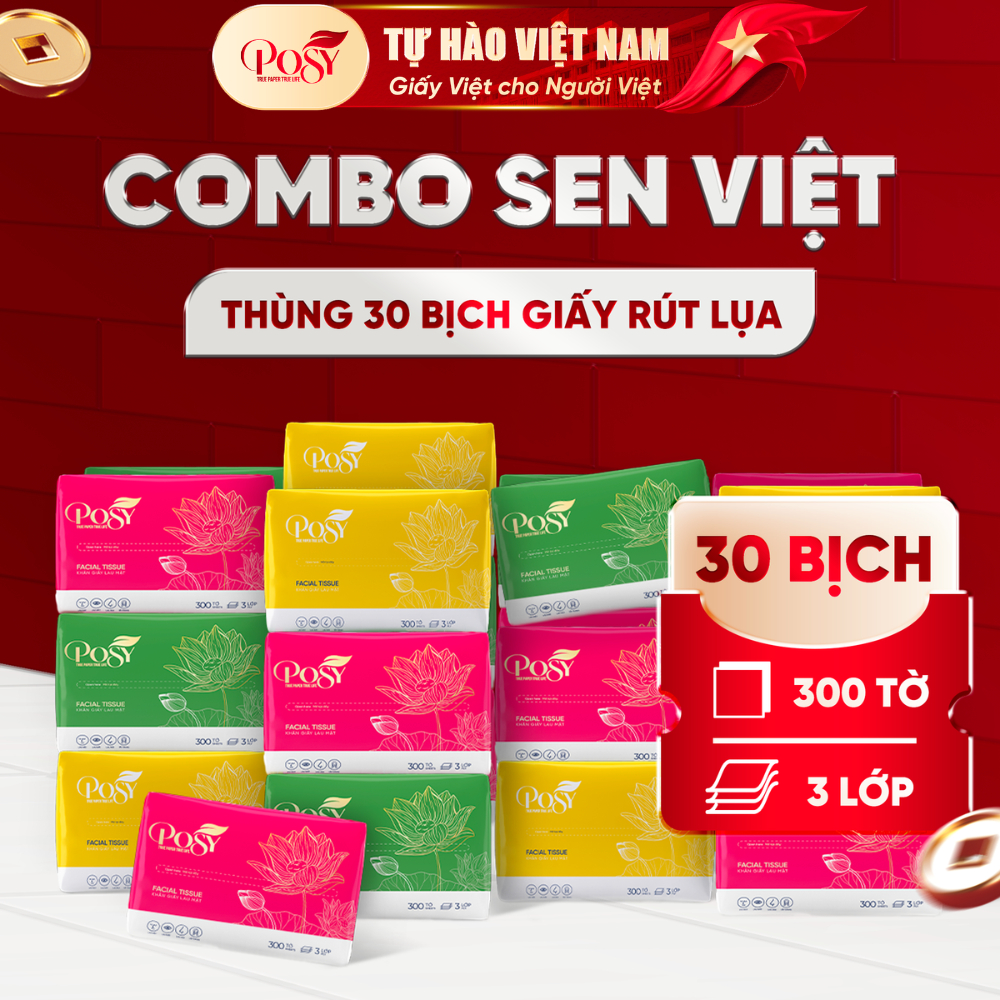 [LIVE KOL]_POSY_ COMBO SEN VIỆT_ THÙNG 30 GÓI GIẤY LỤA DẠNG RÚT POSY LOTUS 300 TỜ 3 LỚP MỀM ÊM