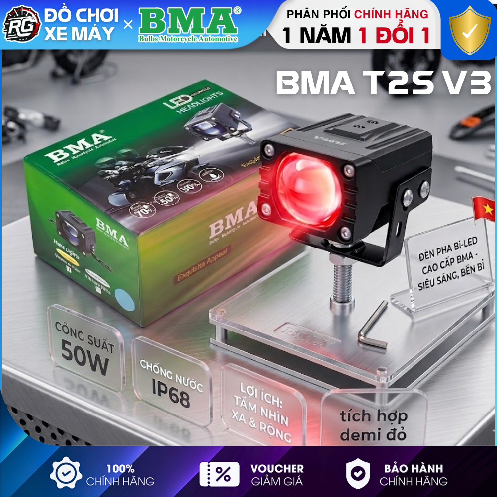 Đèn Trợ Sáng T2S V3 BMA Công Suất 55W, BMA T2S V2 Có Quạt Tản Nhiệt, Siêu Sáng, Demi Đỏ -BH 12 Tháng