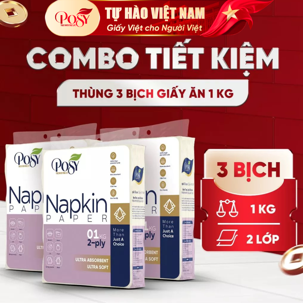 DEAL HỊN -Thùng 3 bịch giấy ăn vuông POSY 1 kg, 2 lớp,siêu dai, thấm hút tốt, an toàn cho da kích th