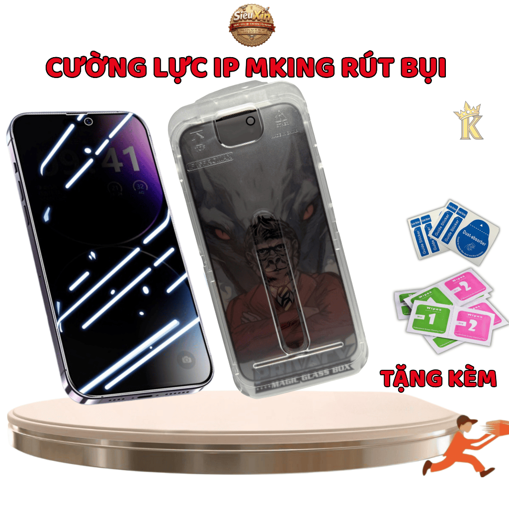 Kính cường lực iphone chống nhìn trộm Tự lấy bụi MKING, có khung tự dán và bảo vệ loa, 11 12 13 14 1