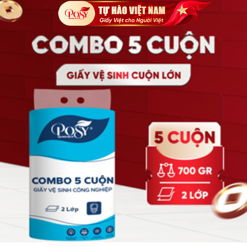 POSY_COMBO 5 CUỘN GVS cuộn lớn Posy 700gr 2 lớp, mềm dai, tiết kiệm, lựa chọn số 1 cho công ty, văn 