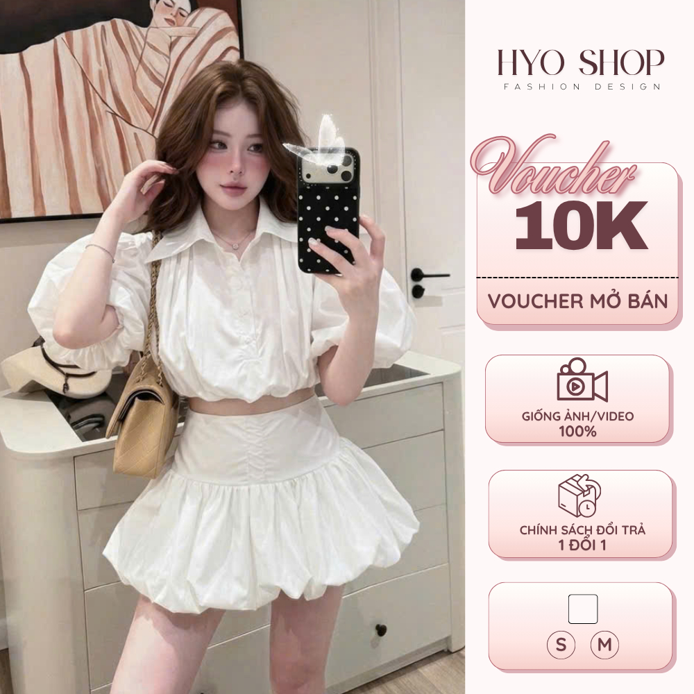 Set bộ nữ áo sơ mi croptop tay phồng mix chân váy bí ngắn dáng xoè tiểu thư - HYO SHOP