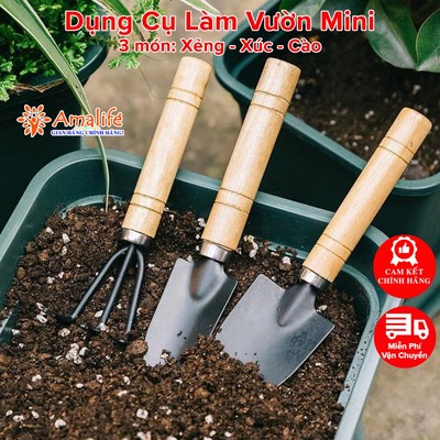 Bộ Dụng Cụ Làm Vườn 3 Món Cán Gỗ Hãng Amalife Xẻng, Cào Mini, Cây Xới Đất Tiện Dụng Chăm Sóc Cây, Trồng Rau