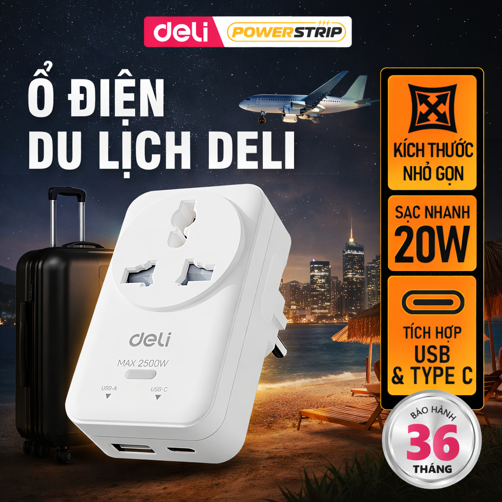 Ổ Cắm Chia Điện Deli, Ổ Cắm Điện Du Lịch Kèm USB TypeC Sạc Nhanh PD20W Ổ Điện Không Dây 2025