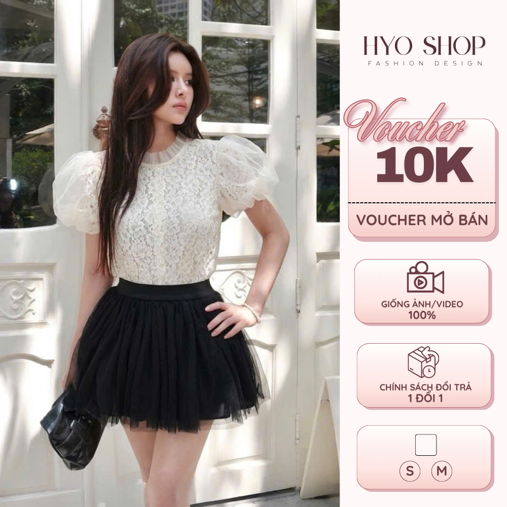 Set bộ nữ áo ren tay bồng mix chân váy lưới xoè dáng tầng tiểu thư - HYO SHOP