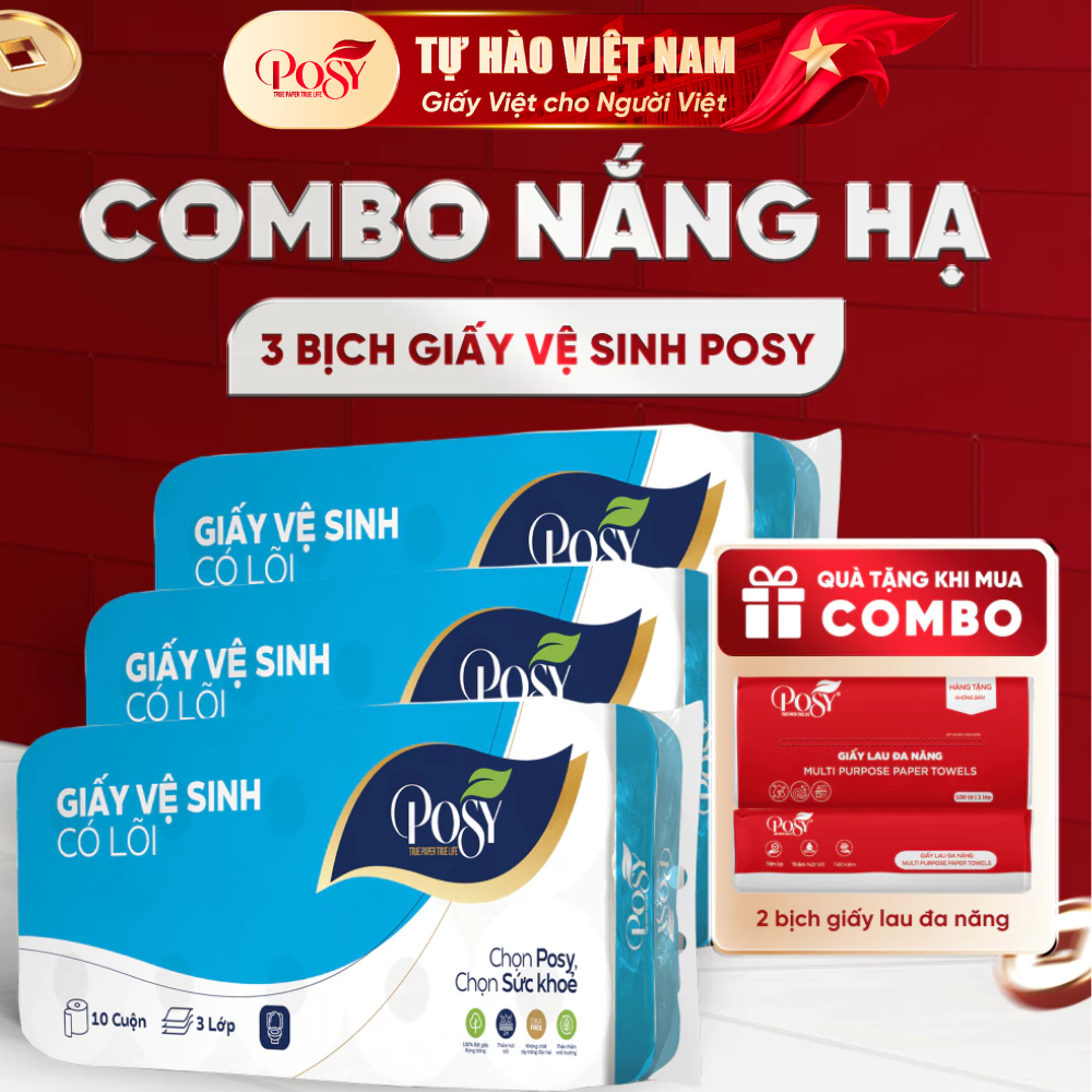 POSY_[LIVE KOL]_ POSY_Combo 3 giấy vệ sinh POSY 10 cuộn 3 lớp ko lõi/có lõi mềm mại dễ tan trong nướ