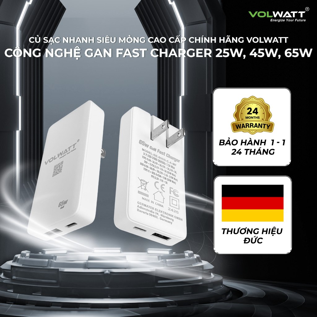 Củ Sạc Nhanh Siêu Mỏng Cao Cấp Chính Hãng VOLWATT Công Nghệ GaN - Fast Charger 25W, 45W, 65W
