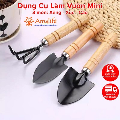 Bộ 3 Dụng Cụ Làm Vườn Mini Cán Gỗ, Xẻng Xúc Đất, Bàn Cào, Cây Xới Đất Trồng Cây Cảnh, Sen Đá, Rau Sạch Hãng Amalife