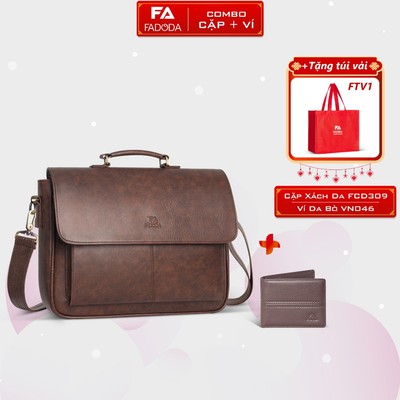 COMBO SIÊU HỜI - Cặp da công sở cao cấp đựng laptop Fadoda FCD309 và Ví da bò thật Fadoda VN046