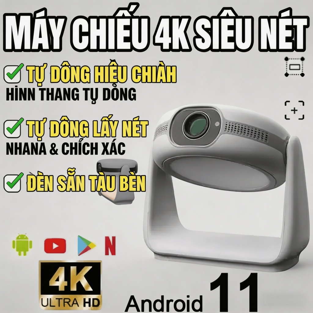 Projector mini siêu nhẹ thiết kế sang trọng | tự động lấy nét hỗ trợ 4K pin lâu dài | học online xem
