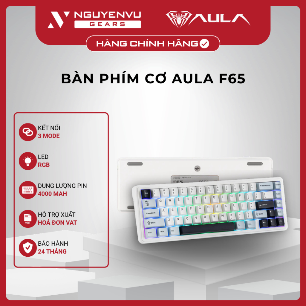 [VAT] Bàn phím cơ AULA F65 - Gasket Mount, 3 Mode Kết Nối, Mạch Xuôi, LED RGB - BH 24 Tháng