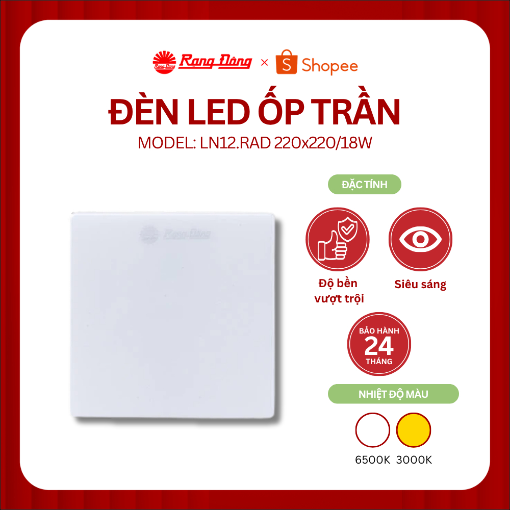 Đèn LED ốp trần vuông cảm biến chuyển động Rạng Đông model LN12.RAD
