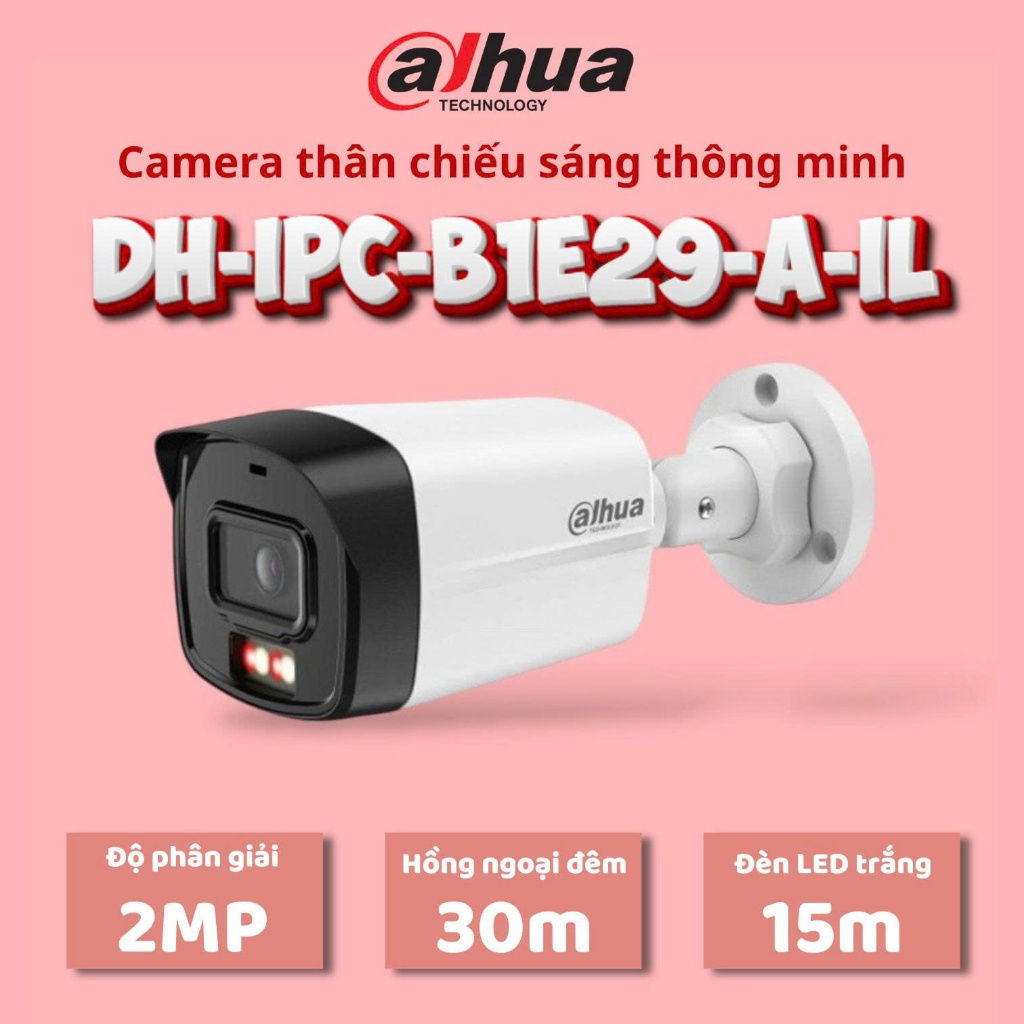 Camera IP 2MP Dahua DH-IPC-B1E29-A-IL ngoài trời, LED trắng 15m, hồng ngoại 30m, chống nước