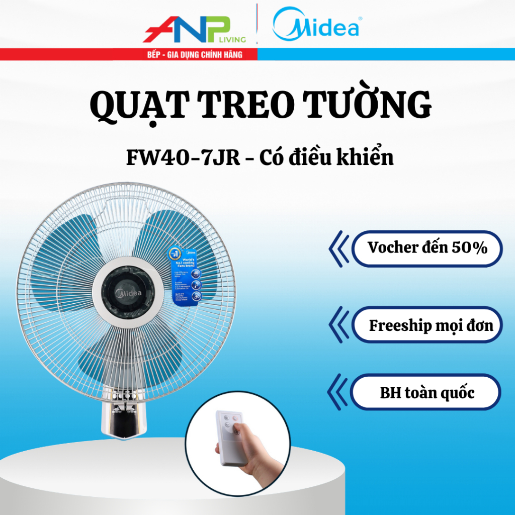 Quạt Treo Tường Midea FW40-7JR 55W 3 Tốc Độ Gió Điều Khiển Từ Xa Sải Cánh 40cm Làm Mát Gia Đình