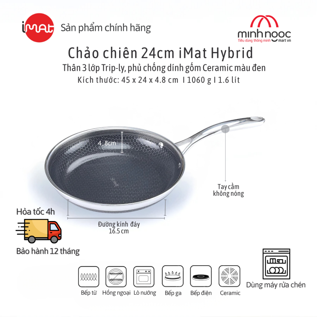 [IMAT chính hãng] Chảo chiên inox iMat Hybrid Blackcube cỡ vừa 24cm chống dính Ceramic màu đen