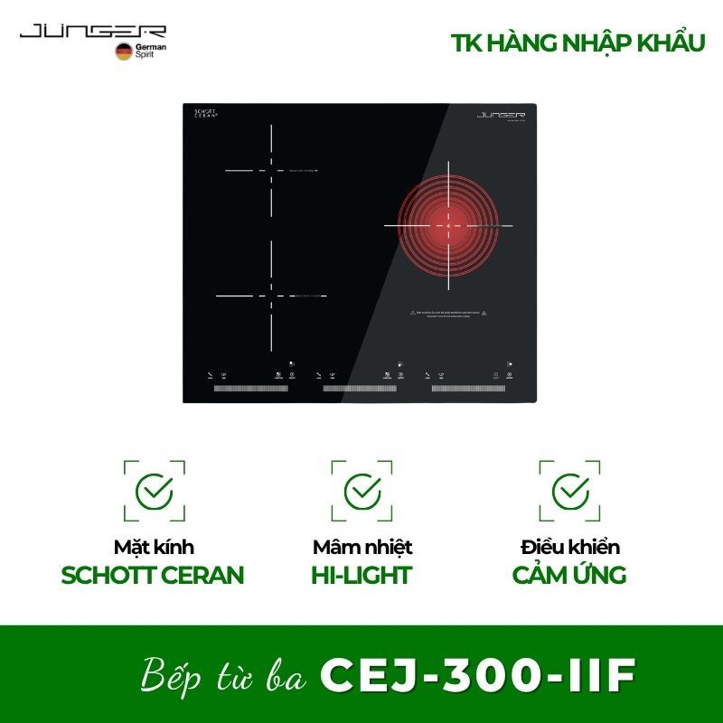 Bếp từ hồng ngoại 3 vùng nấu Junger CEJ-300-IIF mặt kính Schott Ceran