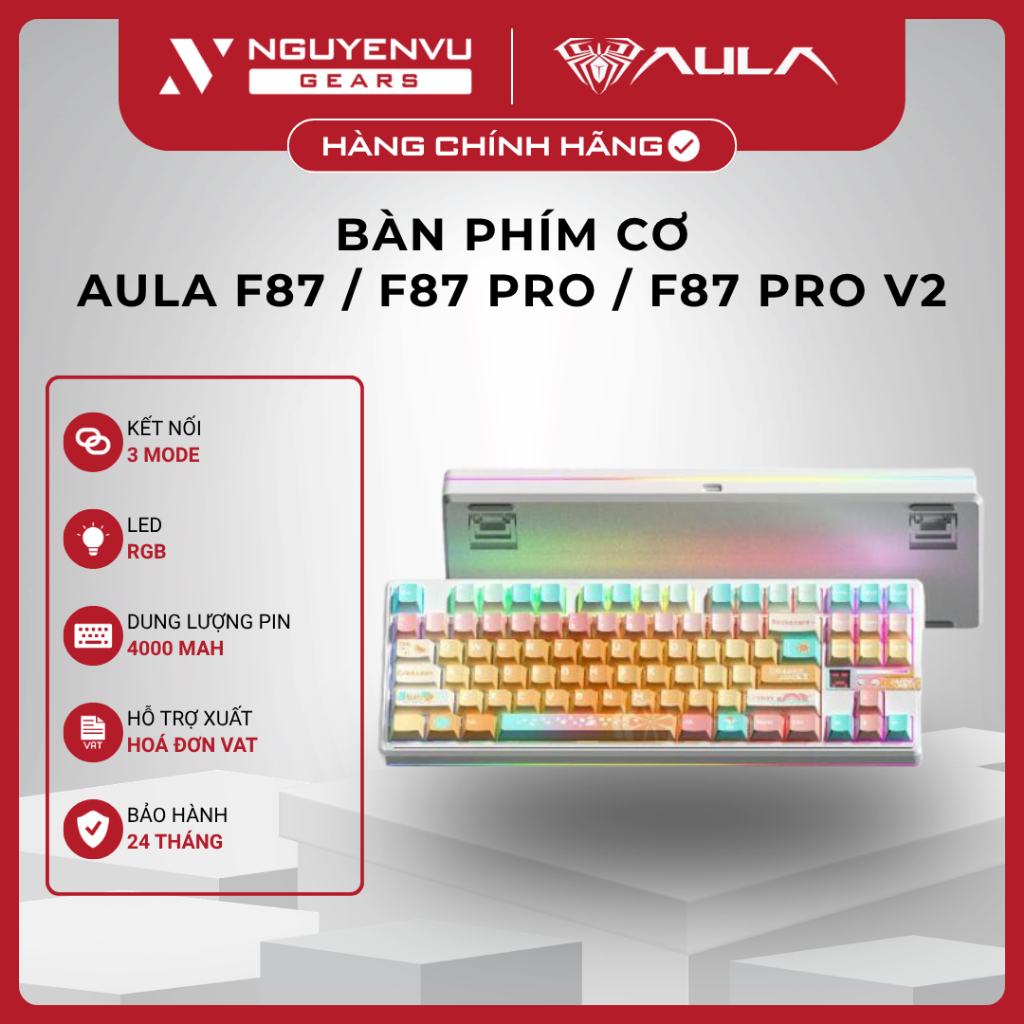 [VAT] Bàn phím cơ AULA F87 / F87 Pro / F87 Pro V2 - Gasket Mount, 3 Mode, Mạch Xuôi, LED RGB - BH 24