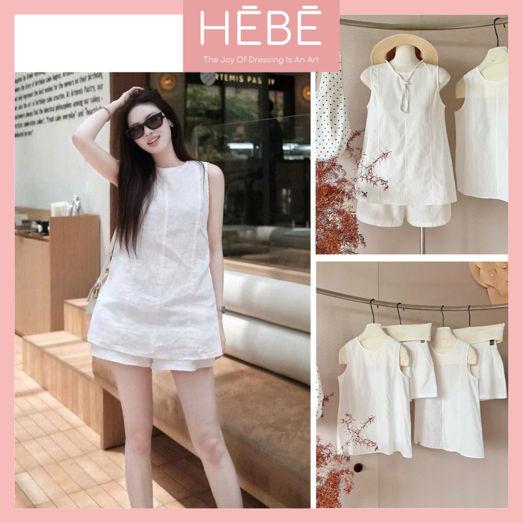 Set bộ nữ Amity vải linen xước trơn mềm mát thoải mái, Bộ đồ nữ áo sát nách kèm quần short trẻ trung thời trang HEBE | BigBuy360 - bigbuy360.vn