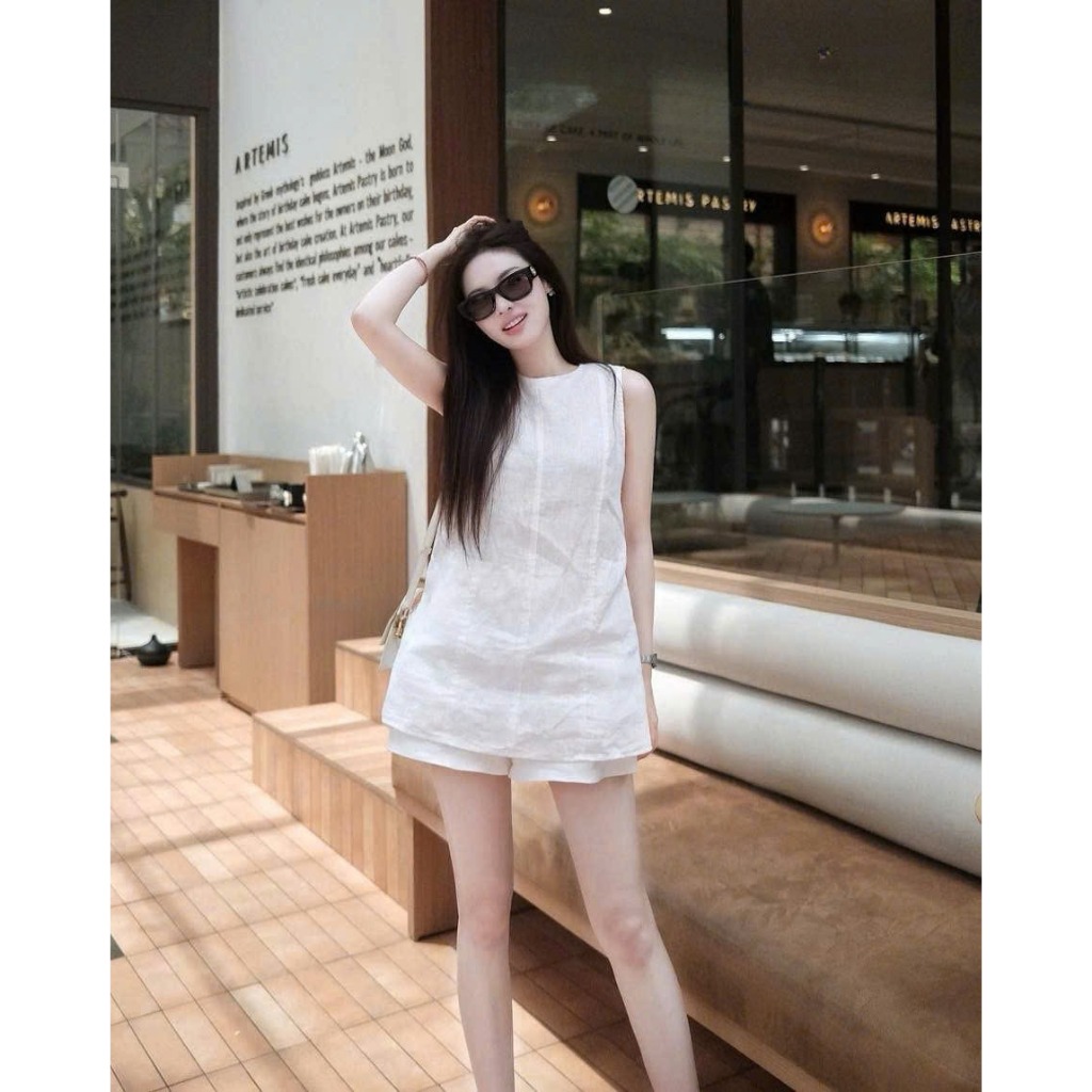 Set bộ nữ Amity vải linen xước trơn mềm mát thoải mái, Bộ đồ nữ áo sát nách kèm quần short trẻ trung thời trang HEBE | BigBuy360 - bigbuy360.vn