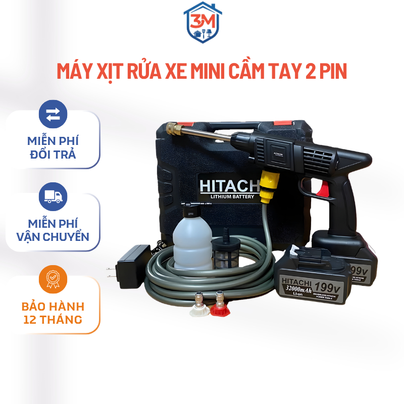 Máy Rửa Xe Hitachi Chính Hãng 2 Pin 199V, Máy Xịt Rửa Xe Mini Cầm Tay Công Suất Lớn, Dùng Cho Ô Tô, Xe Máy, Sân Vườn