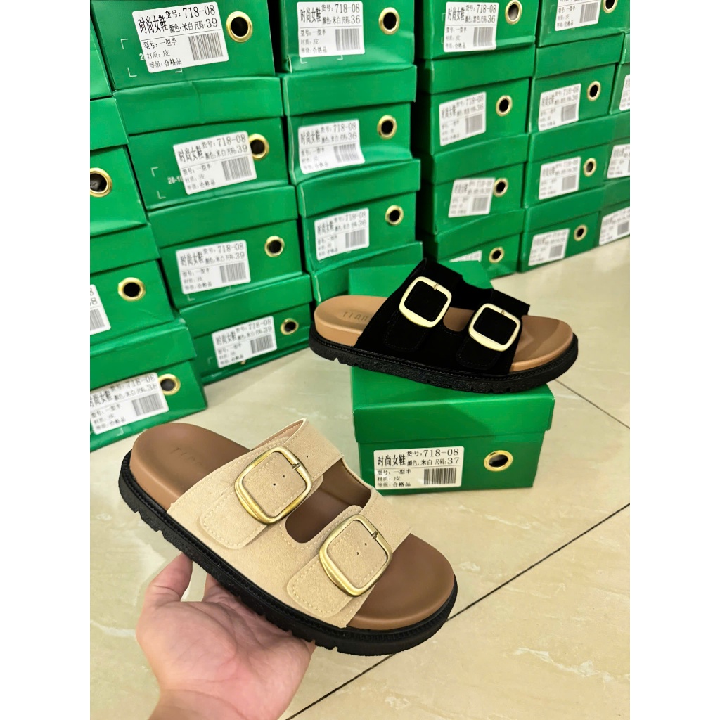 Dép nữ 2 quai ngang BEESHOES da lộn, mũi tròn đế bằng cao 3 phân sẵn màu kem - đen DE110