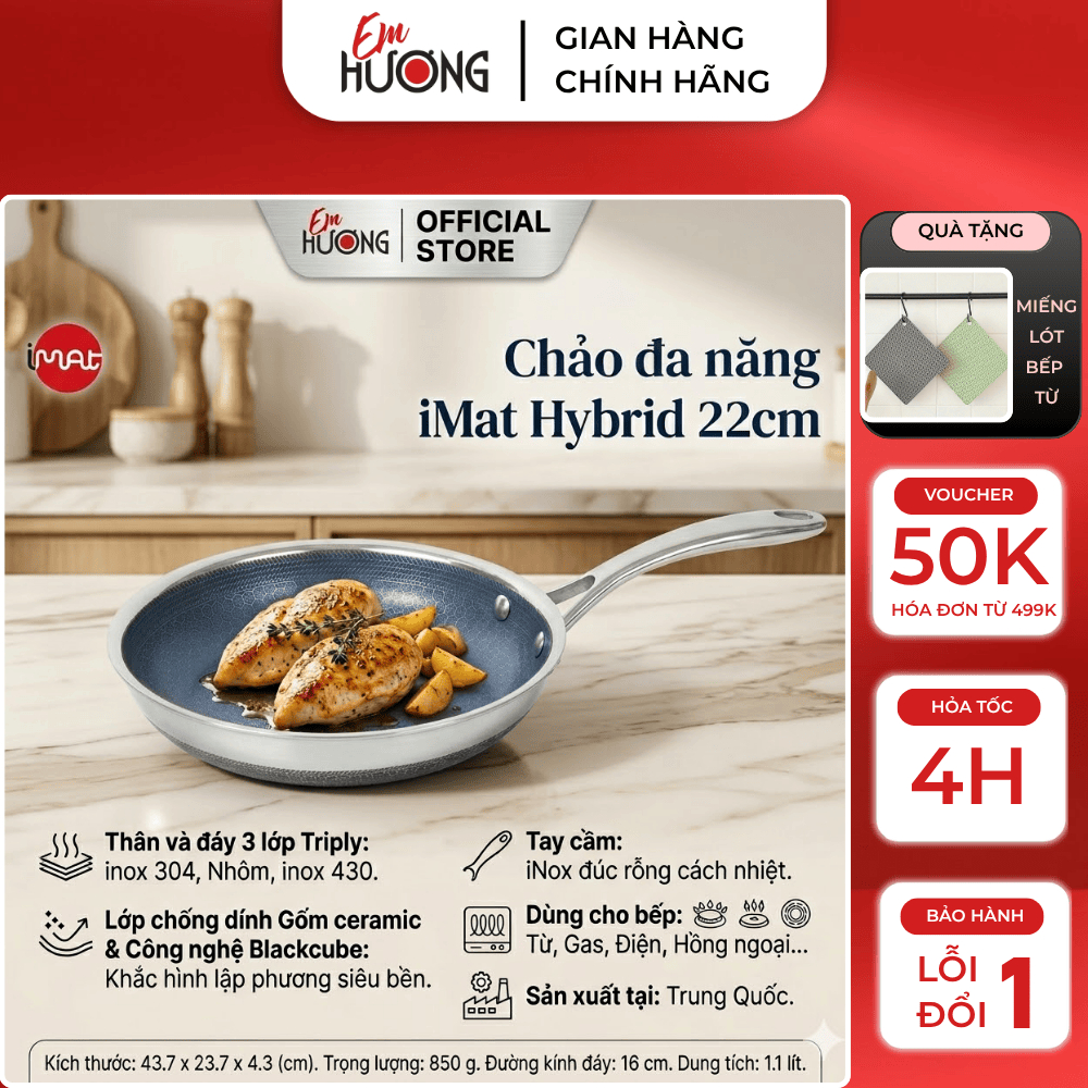 (TẶNG MIẾNG LÓT BẾP TỪ) Chính hãng iMat - Chảo chiên iMat lòng xanh cỡ 22cm, chảo chiên rán cao cấp,