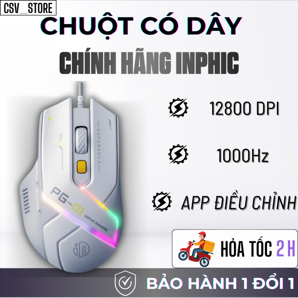 Chuột Có Dây Inphic PG1 – 12800 DPI, App Tùy Chỉnh, LED RGB Gaming – Bền Bỉ, Chính Xác