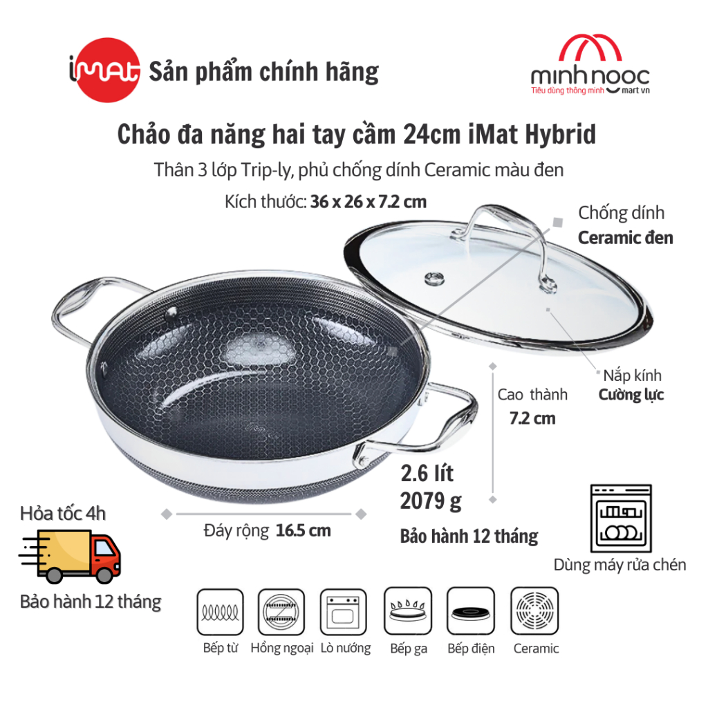 [Hàng chính hãng-iMat] Chảo đa năng 24/28cm hai tay cầm iMat Hybrid chống dính ceramic đen