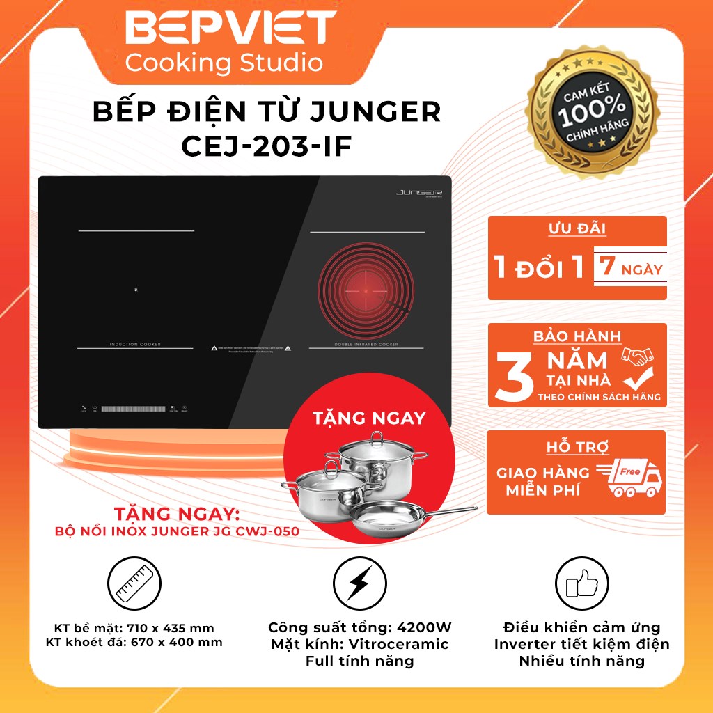 Bếp điện từ Junger CEJ-203-IF chính hãng tiết kiệm điện, nấu được tất các các loại nồi, full tính nă