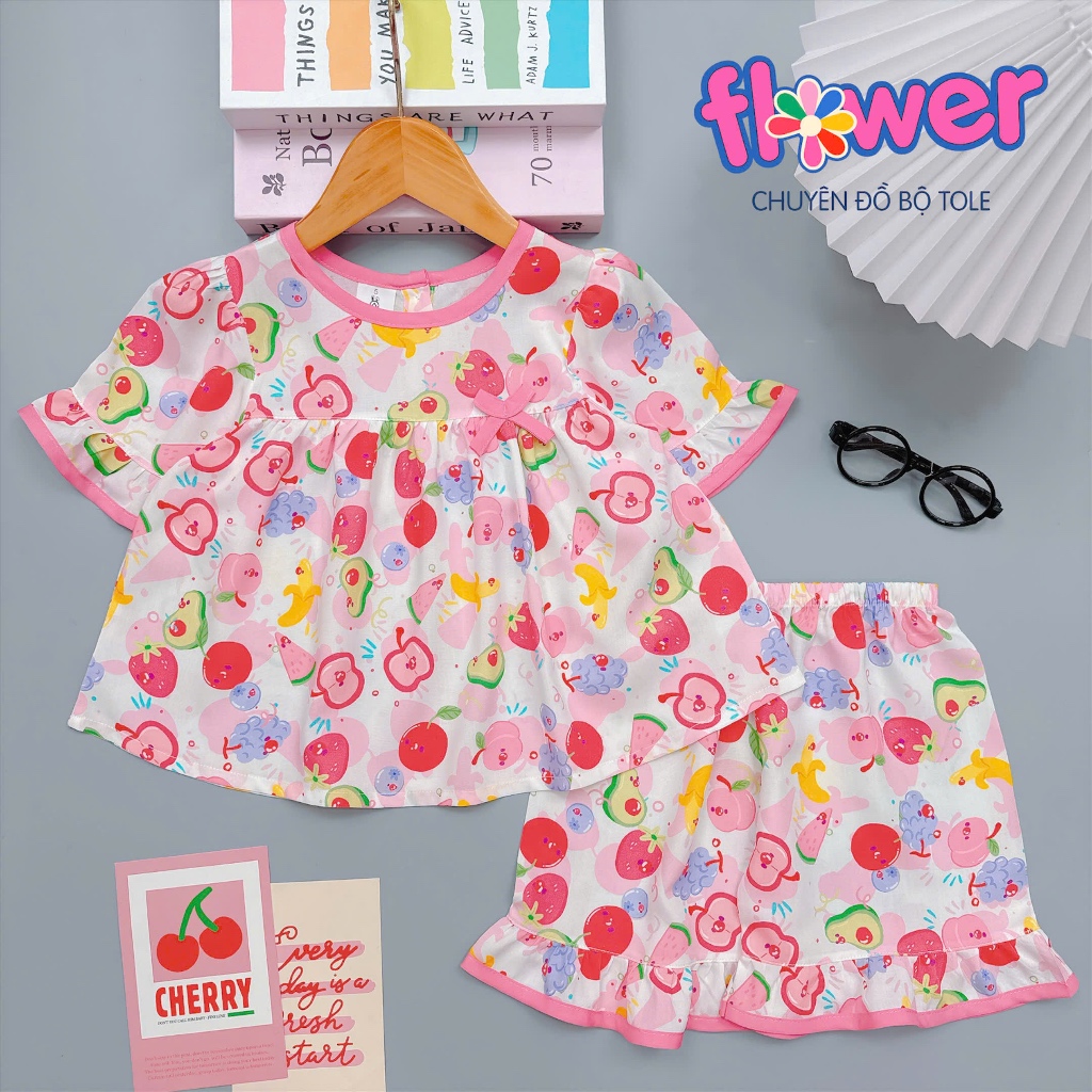 Bộ tole lanh bé gái tay ngắn quần ngắn babydoll 1 nơ - Đồ bộ tole Flower