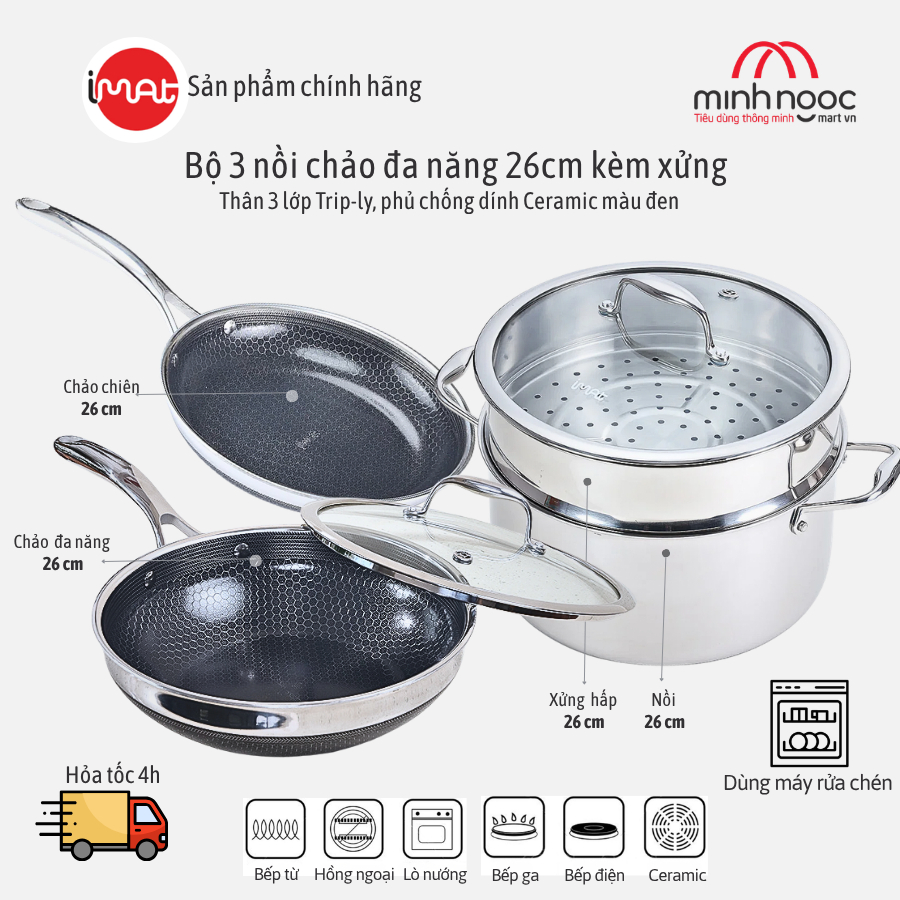 Combo Bộ 3 Nồi Chảo IMat Hybrid 26Cm Gồm Nồi Chảo Chiên Chảo Xào Kèm Xửng Hấp IMat Size 26Cm
