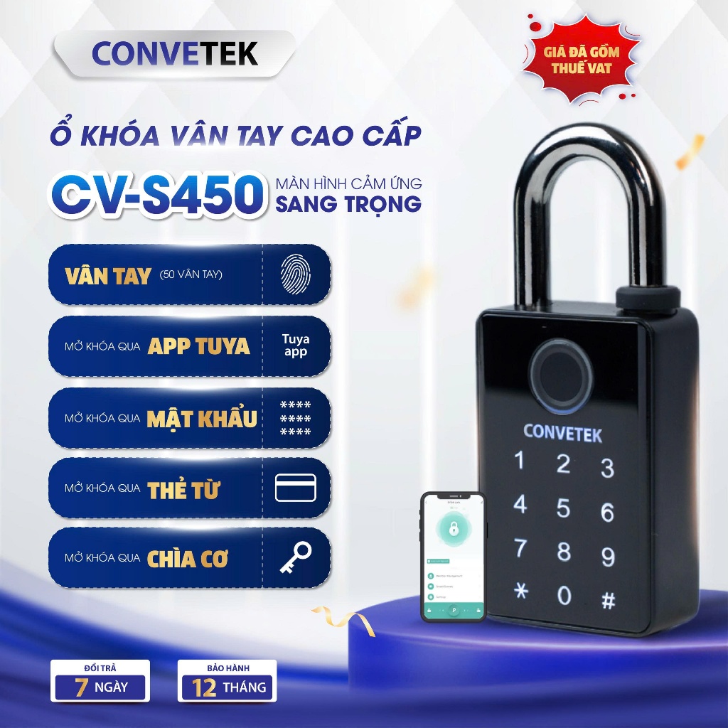 Ổ Khóa Vân Tay CONVETEK CV-S450 Màn Hình Cảm Ứng | 5 Cách Mở | Chống Nước | Hợp Kim Kẽm Cao Cấp