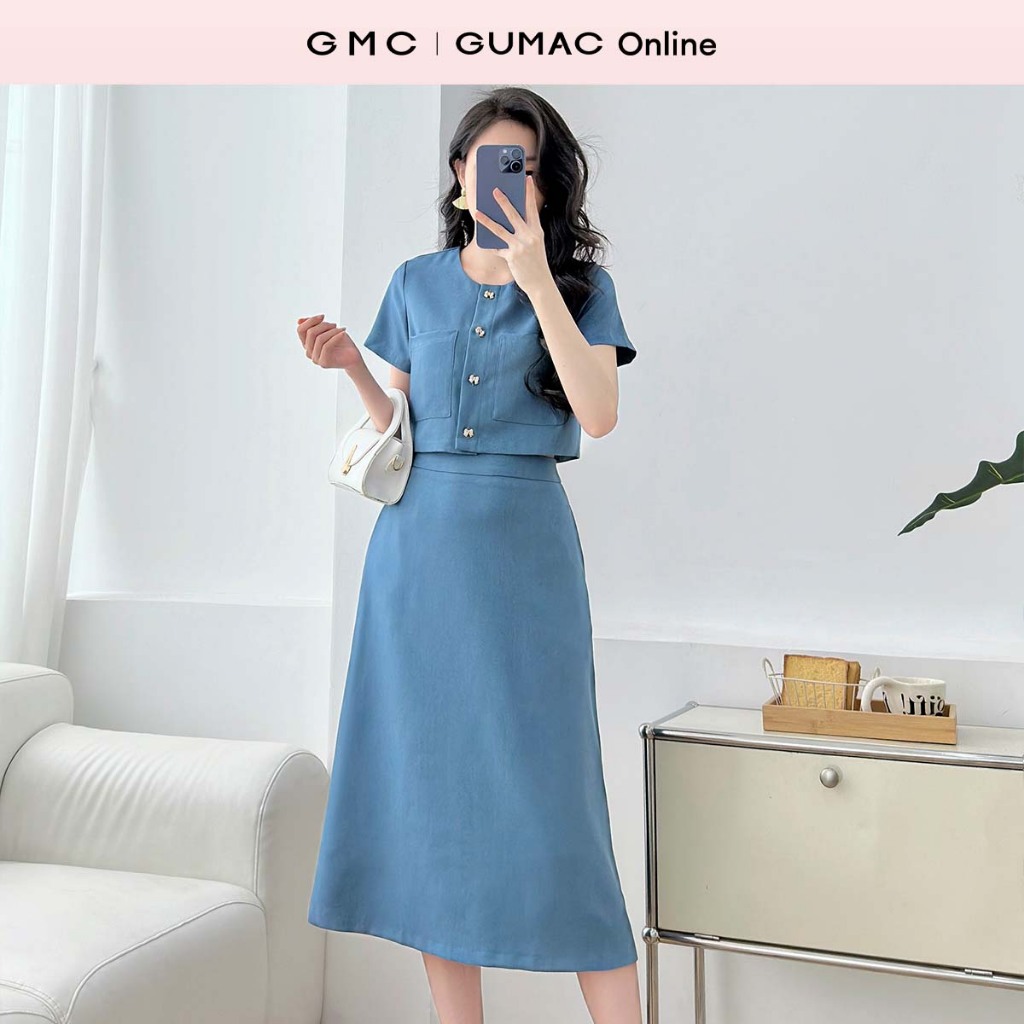 Set lẻ Áo kiểu dáng lửng thời trang GUMAC LAE1238 - Chân váy nữ A midi thời trang GUMAC LVE1239