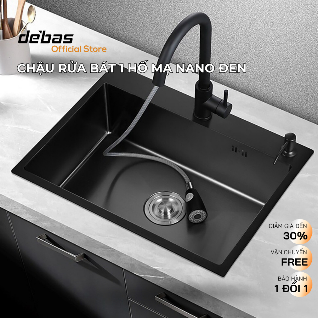 Chậu rửa bát đúc 1 hố to inox mạ nano đen Debas  4045 6045 8245