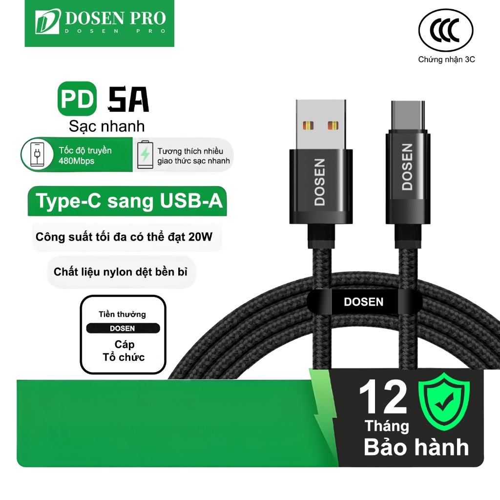 DOSEN PRO Cáp USB loại C 5A cho công nghệ sạc nhanh và sạc nhanh cho Huawei / Xiaomi