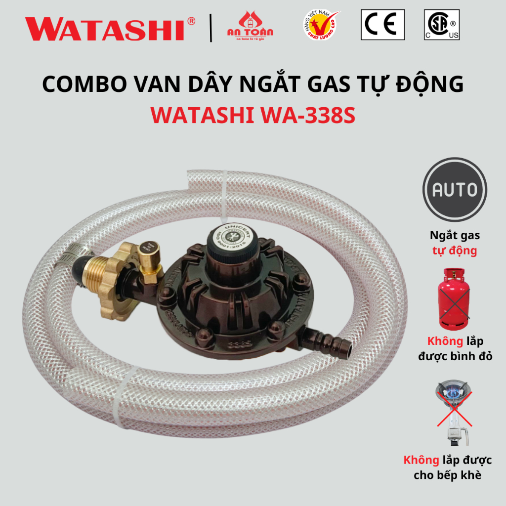 Combo Van Gas Tự Ngắt Watashi 338S + 1,5 mét dây cao áp