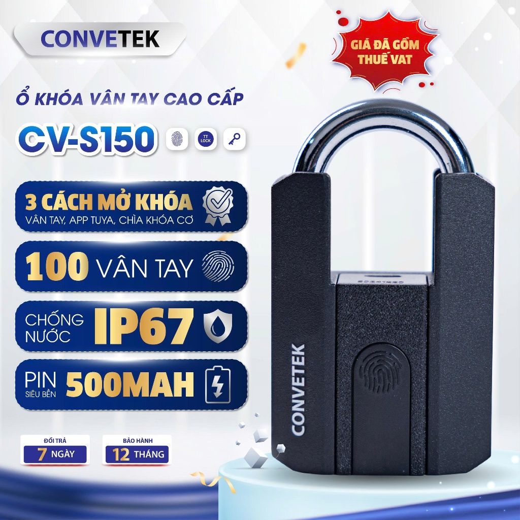 Ổ Khóa Vân Tay Thông Minh CONVETEK CV-S150 App TTlock, Cỡ Lớn, Chống Cắt, Chìa…