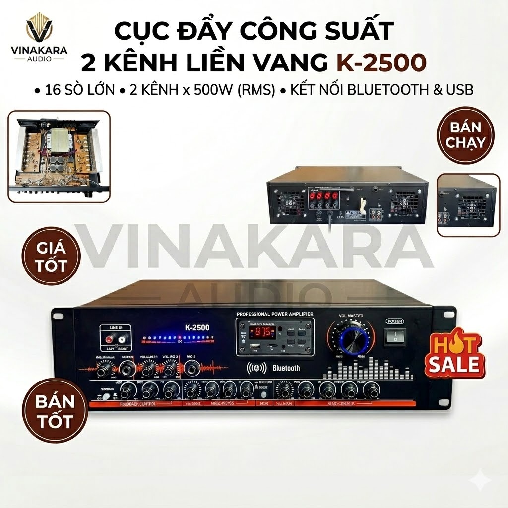 Amply Liền Vang Micro CVAS K-2500, 500W X 2 KÊNH – Hát Nhẹ, Chống Hú, Công Suất Mạnh