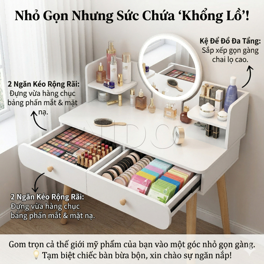 NIDO Bàn Trang Điểm Kèm Gương LED - Kệ Để Mỹ Phẩm Tiện Lợi, Hoàn Hảo Cho Phòng Ngủ | BigBuy360 - bigbuy360.vn