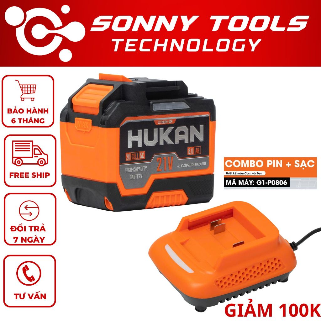 Pin HUKAN 20 CELL và Sạc HUKAN G1-P0806 Tặng Đế Chuyển Điện, Pin 20 Cell 8A Kèm Sạc 1.5A, Mạch 4 Mos