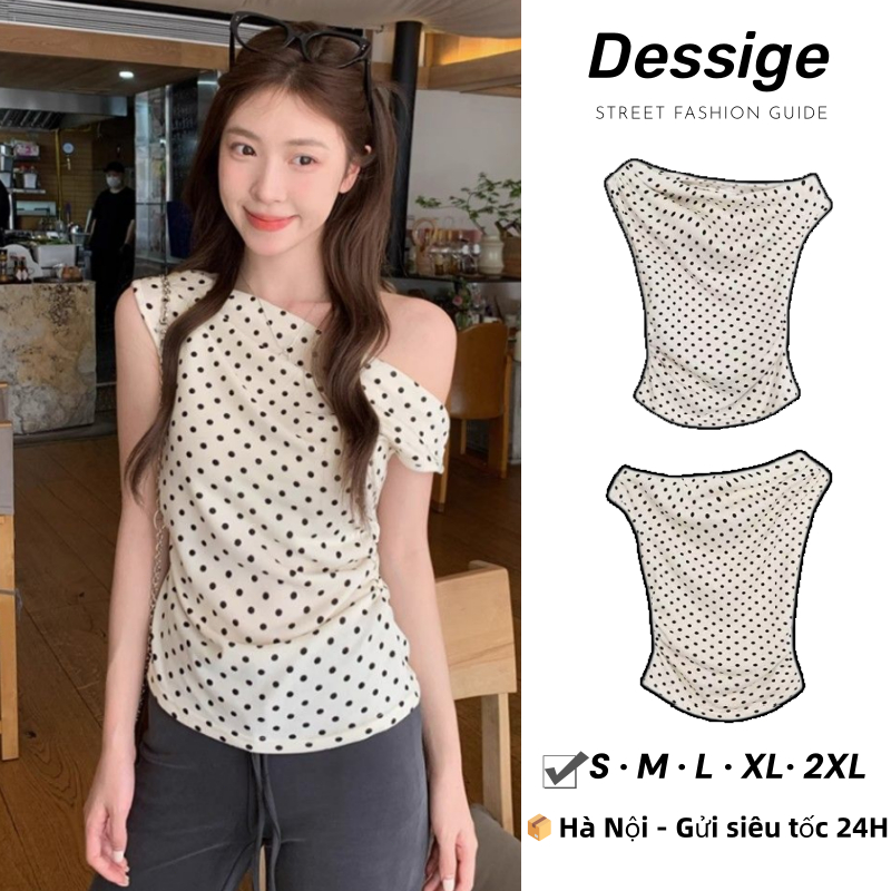 Áo lệch vai bigsize Áo thun nữ cổ một vai chấm bi phong cách Pháp