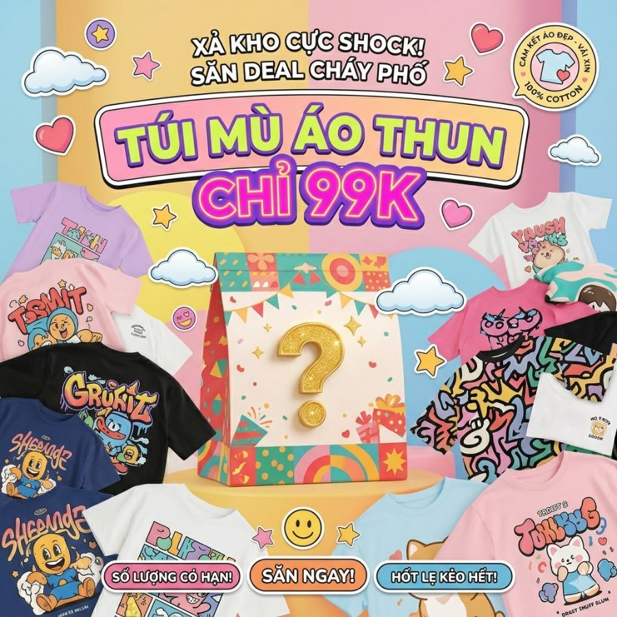 Túi Mù Áo Thun 99K - Random Áo Thun Unisex Form Đẹp, Deal Sốc Xả Kho Số Lượng Có Hạn