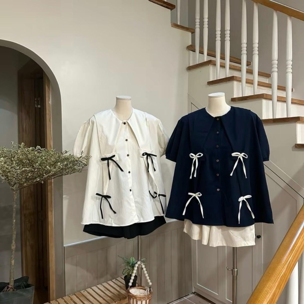 Ảnh shop chụp- SET Áo sơ mi cổ vạt nhọn Halinh- Sơ mi dài đính nơ chất vải đũi nhăn M174