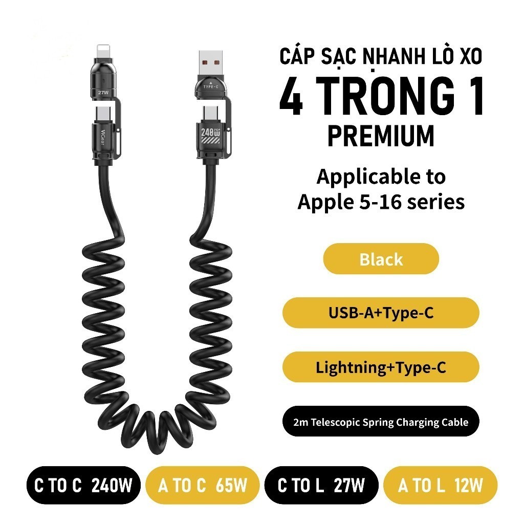 Dây cáp đen XO-NB295 4 Cổng, Sạc Nhanh Đa Năng, Truyền Dữ Liệu 480Mbs, Siêu Bền, Dài 1m2