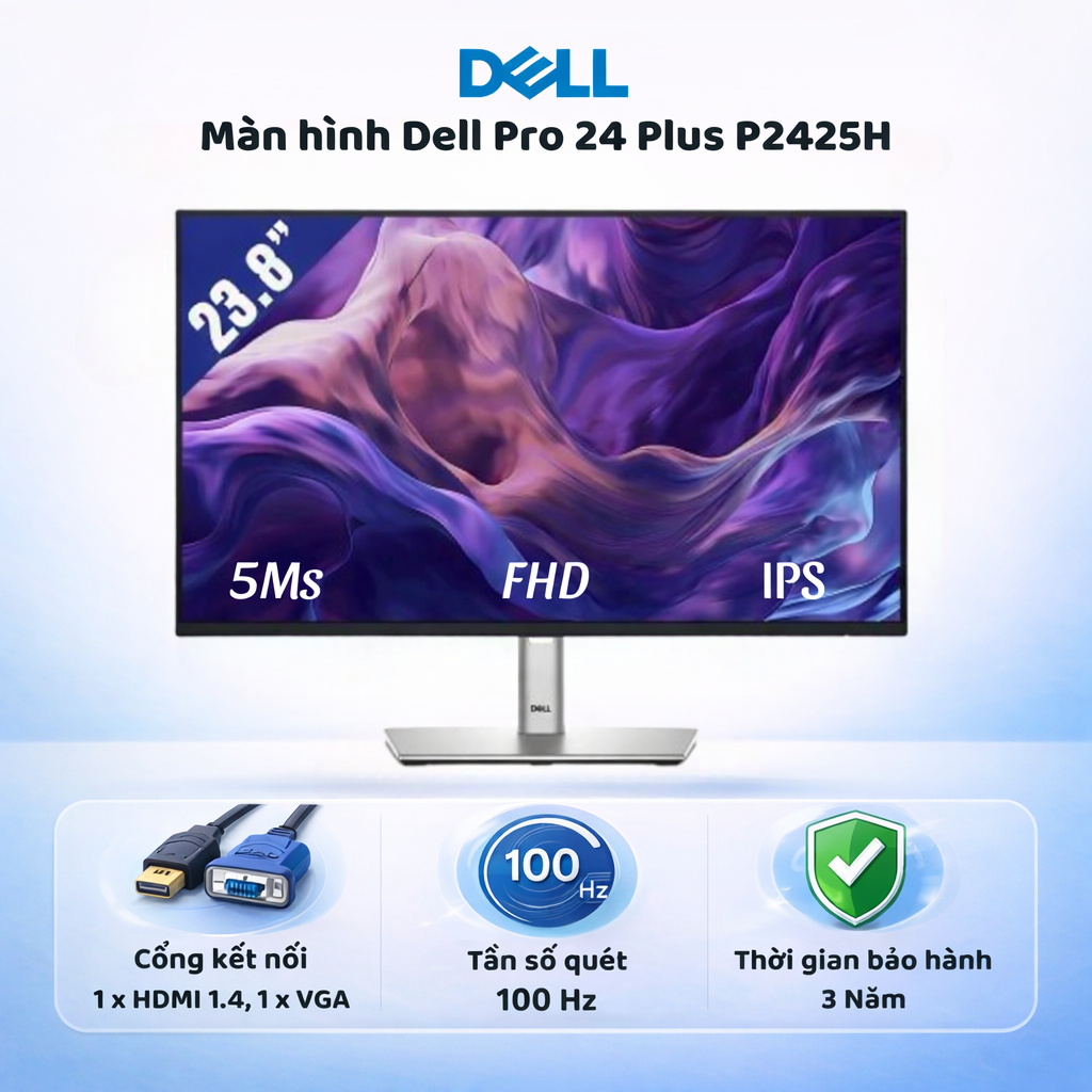 Màn Hình Dell Pro 24 Plus P2425H 23.8” IPS FHD 1920x1080 100Hz 5ms – USB-C 15W, HDMI, DP, Hub USB 3.