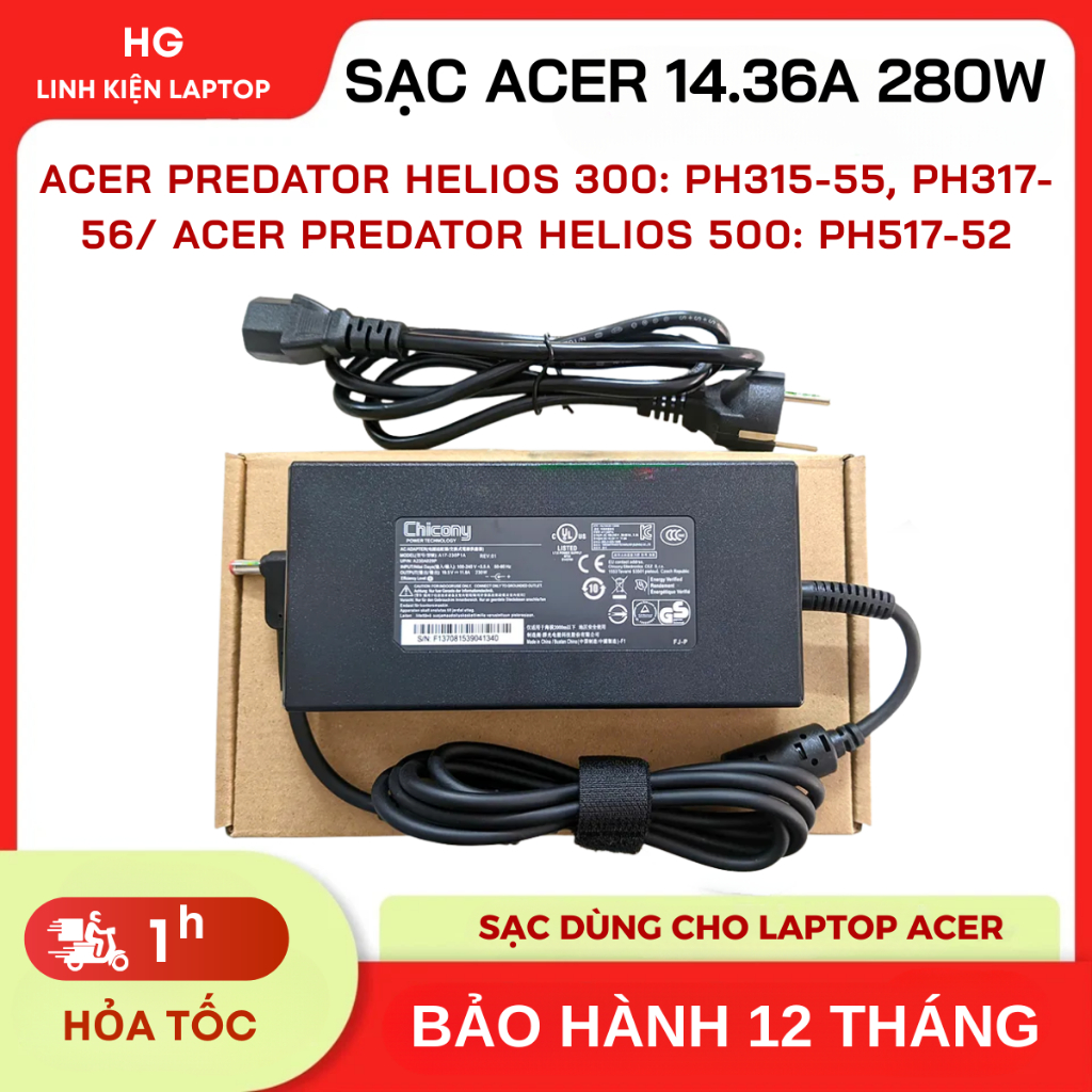 Sạc dùng cho laptop Acer Predator Helios 300 PH315 PH315-55 N22C3 19.5V 14.36A 280W Bảo Hành 12 Thán